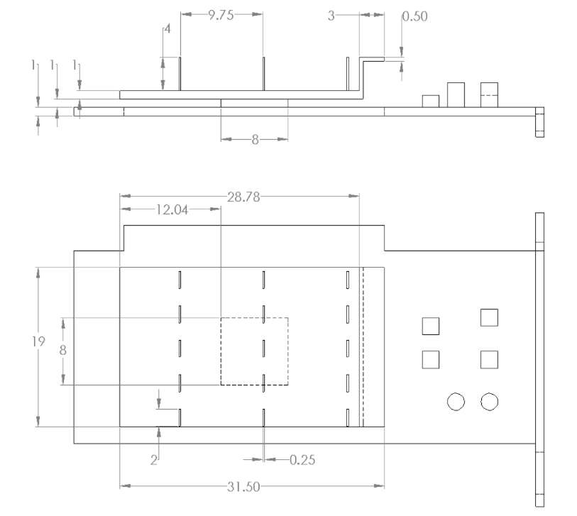 2D dimensional drawing of graphics card, front and top views