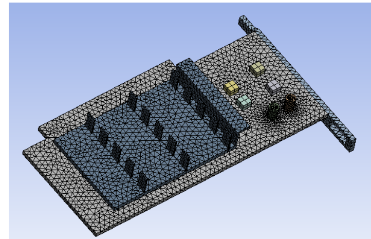 3D mesh on GPU components showing refined body sizing on fins, PCB, and processor