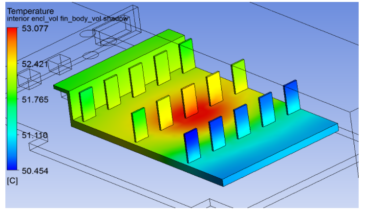 Temperature on fins, alternate angle showing gradient from hot processor region to cooler fin tips