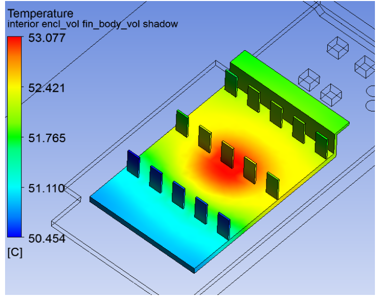Local temperature hotspot, fins showing 50.5°C to 53.1°C with hotspot at processor location