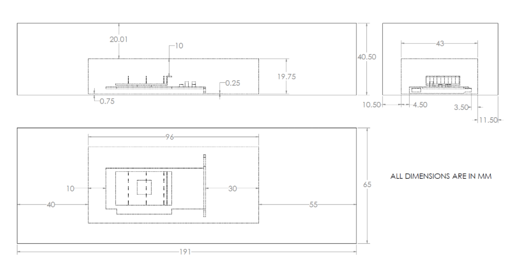 Inner enclosure dimensional drawing, front, side, and top views in mm