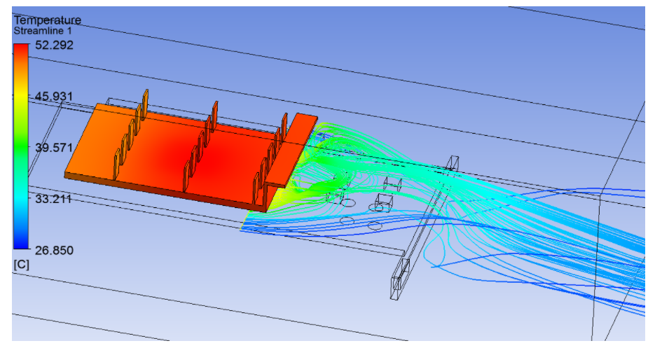 Case 2 3D temperature streamlines, improved resolution of inter-fin flow paths