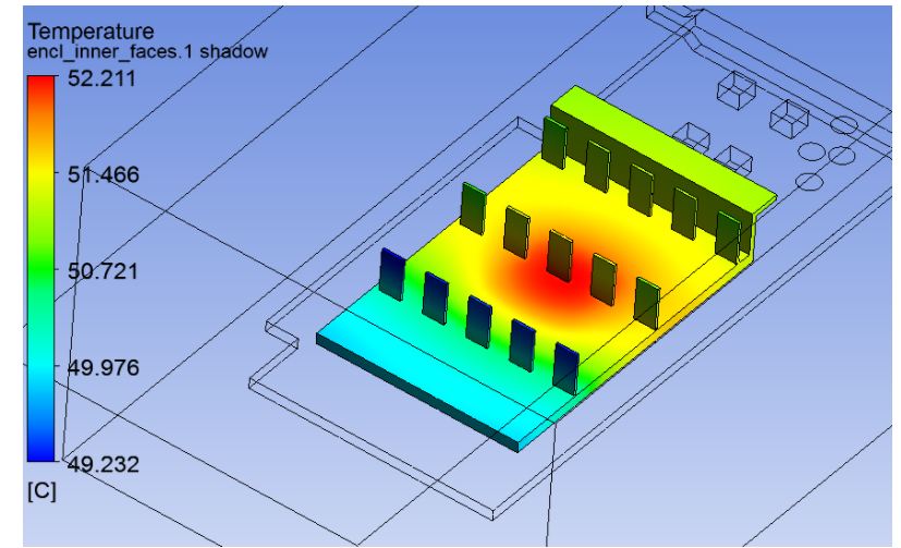 Case 2 local hotspot, 49.2°C to 52.2°C, lower peak, more gradual gradient