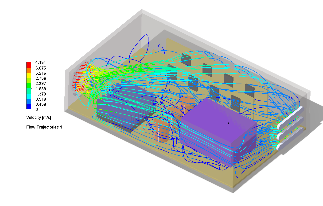Case 01, flow trajectories showing airflow through enclosure