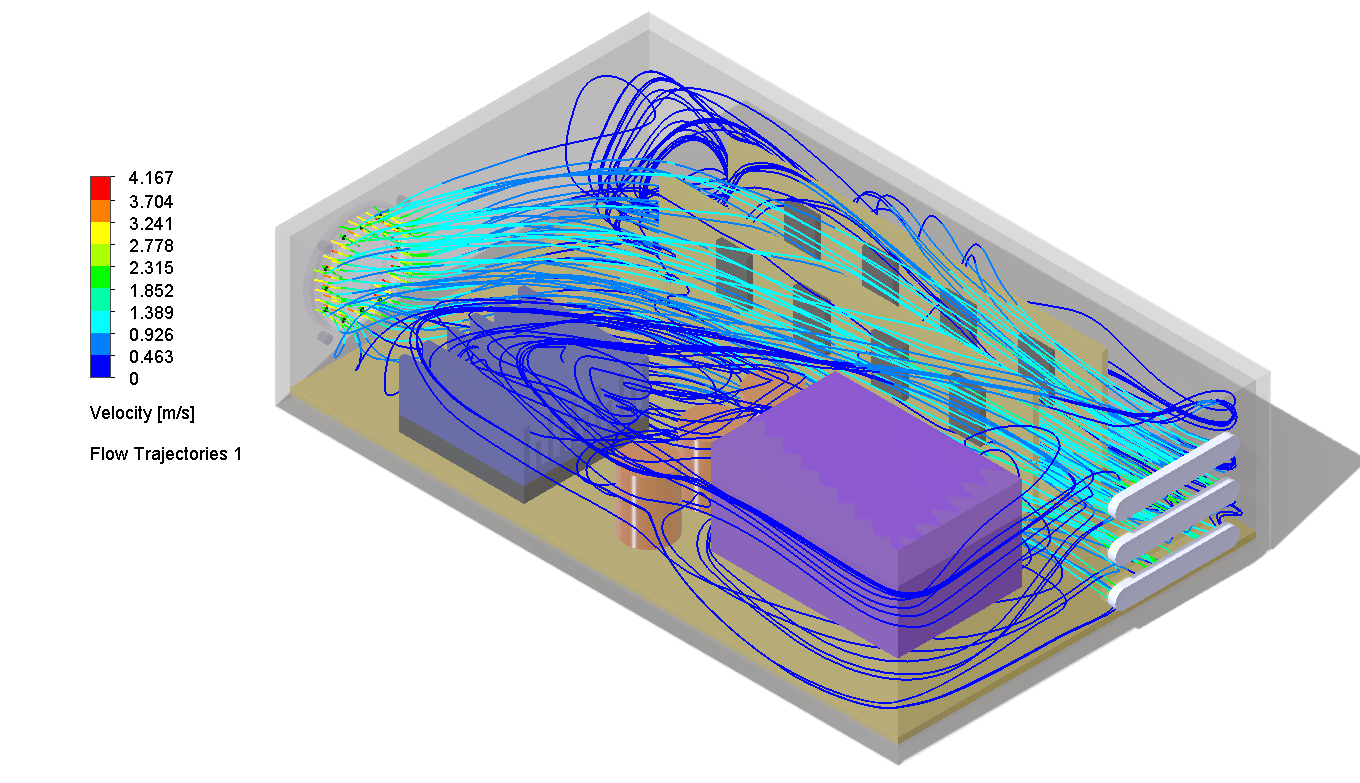 Case 03, flow trajectories showing hot air recirculation with outlet fan