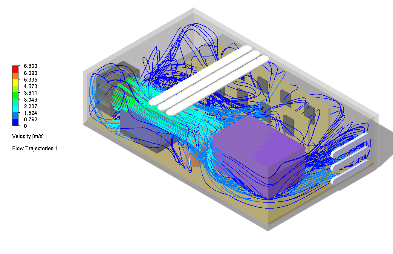 Case 05, flow trajectories showing hot air escaping through upper vent