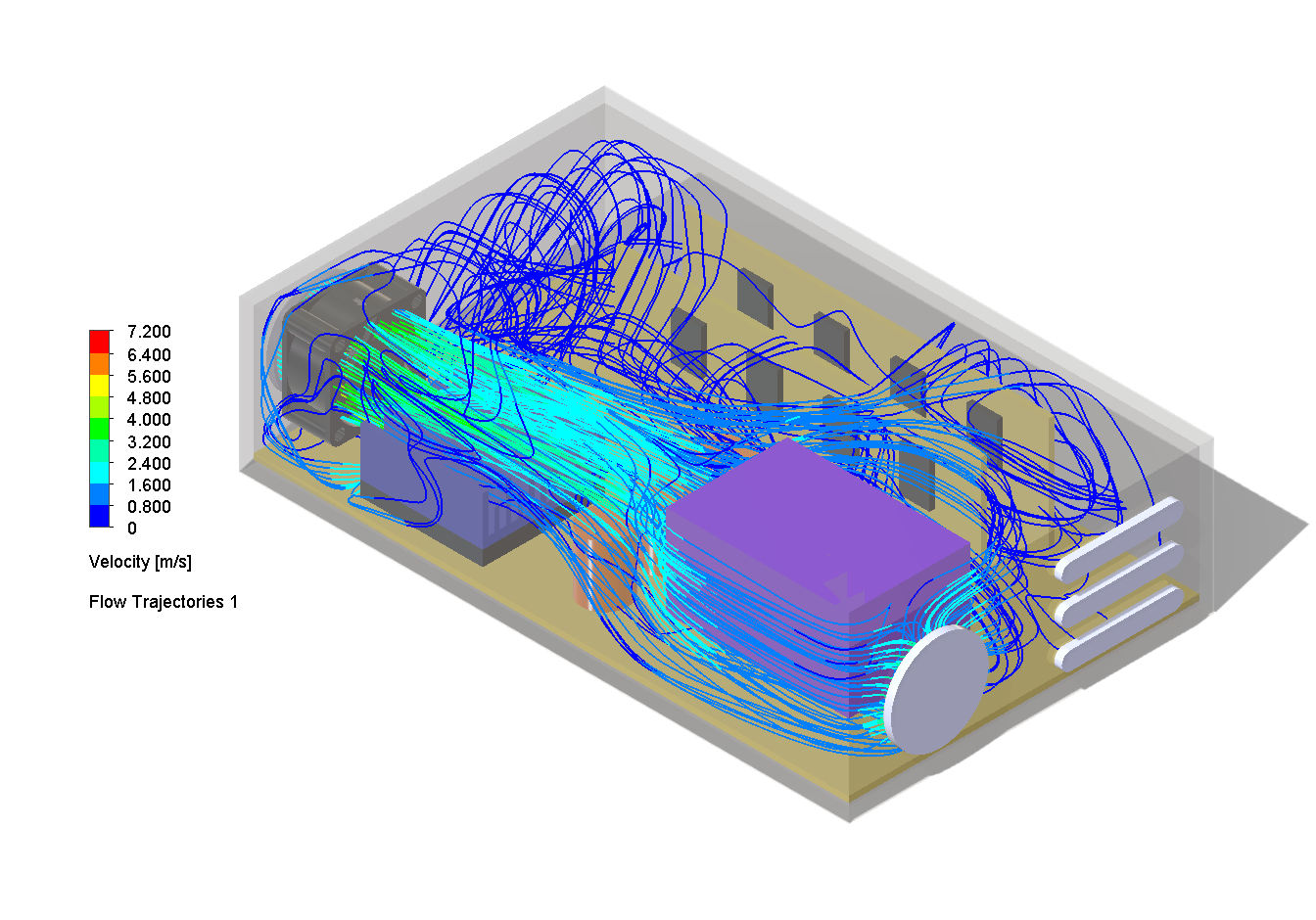 Case 06, flow trajectories showing airflow diverted from chip by rear exhaust