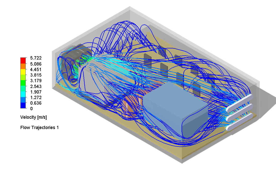 Case 07, flow trajectories showing flow concentration around heat sink