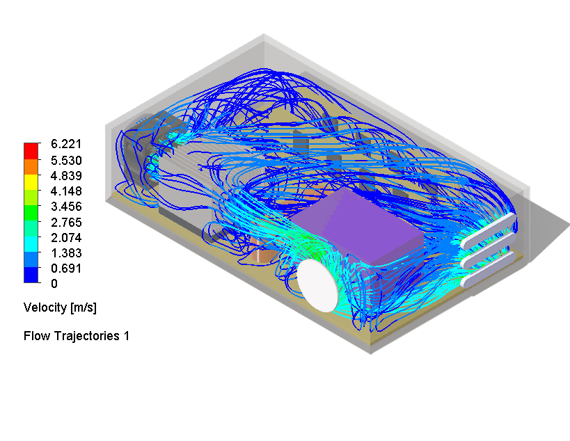 Case 08, flow trajectories showing cross-flow fan delivering air to power block