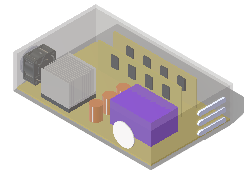 Case 08, final geometry with optimised heat sink and cross-flow inlet fan