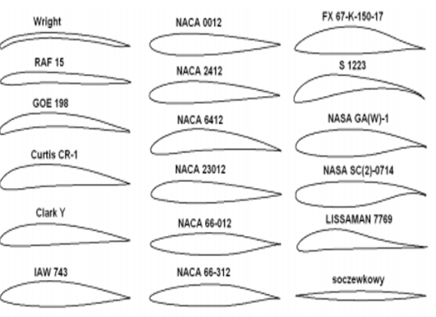 Grid of candidate airfoil profiles including Clark Y, NACA series, and other families compared in the report