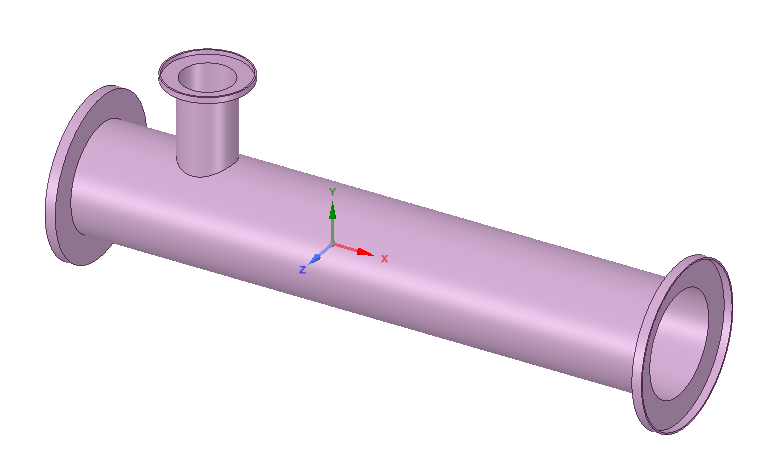 Mixing T-junction CAD model, horizontal hot inlet, vertical cold inlet, downstream outlet channel
